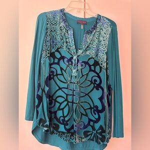 Hale Bob Turquoise and Navy Patterned Knit Top